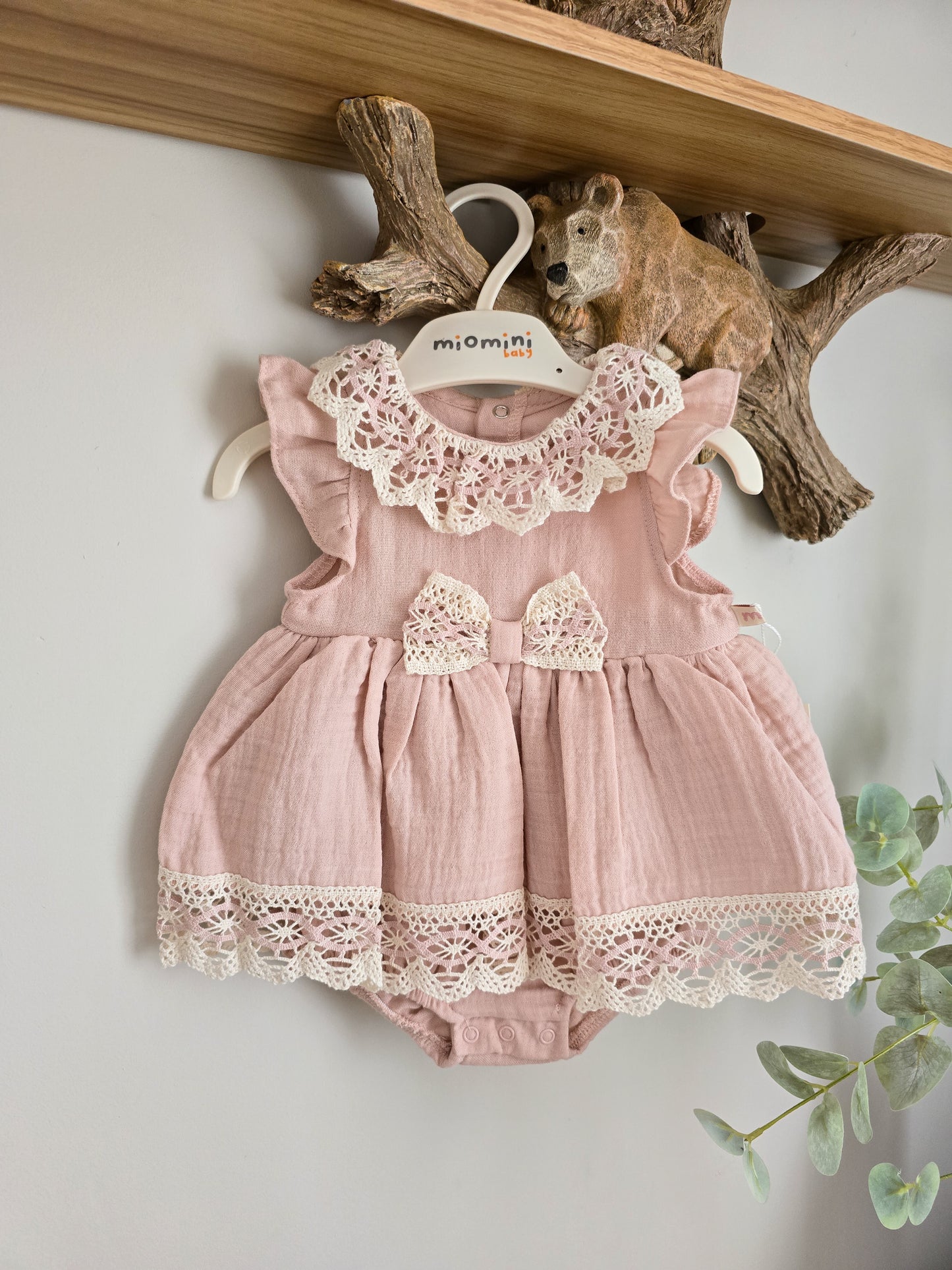 Girls Pink Woven Dress Set with Bow