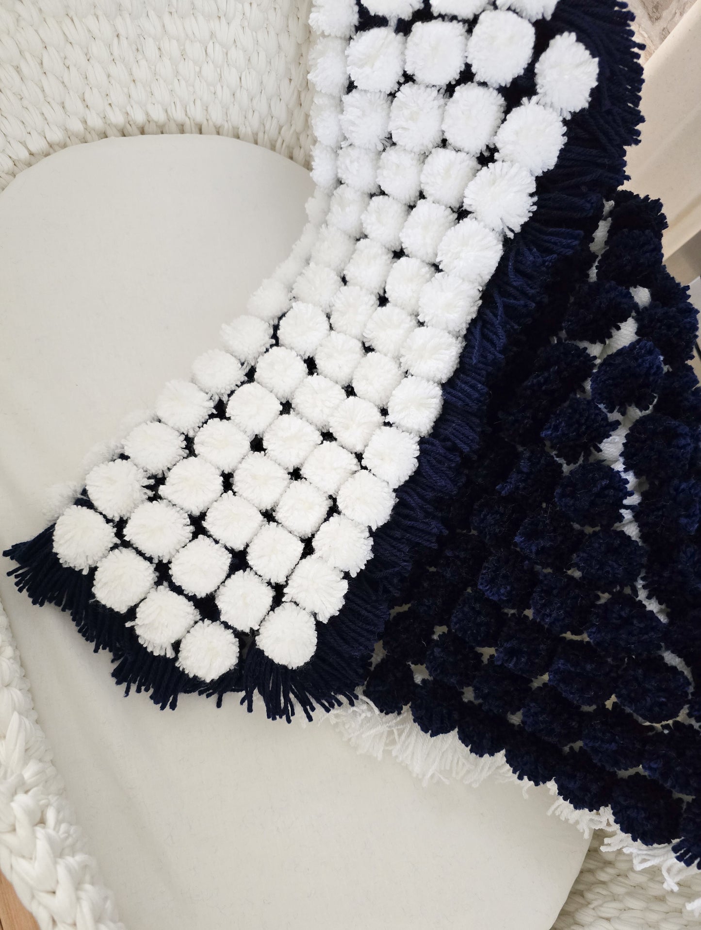 Navy/White XL Pom Pom Blanket