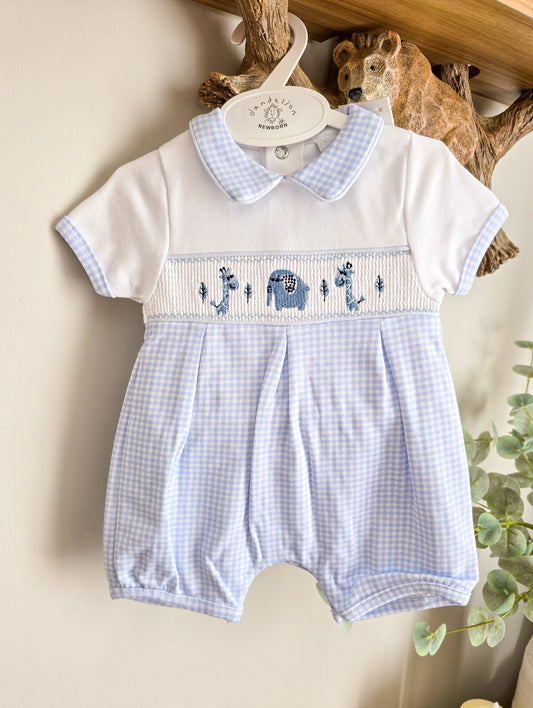 DANDELION SMOCKED 'JUNGLE' ROMPER - BLUE