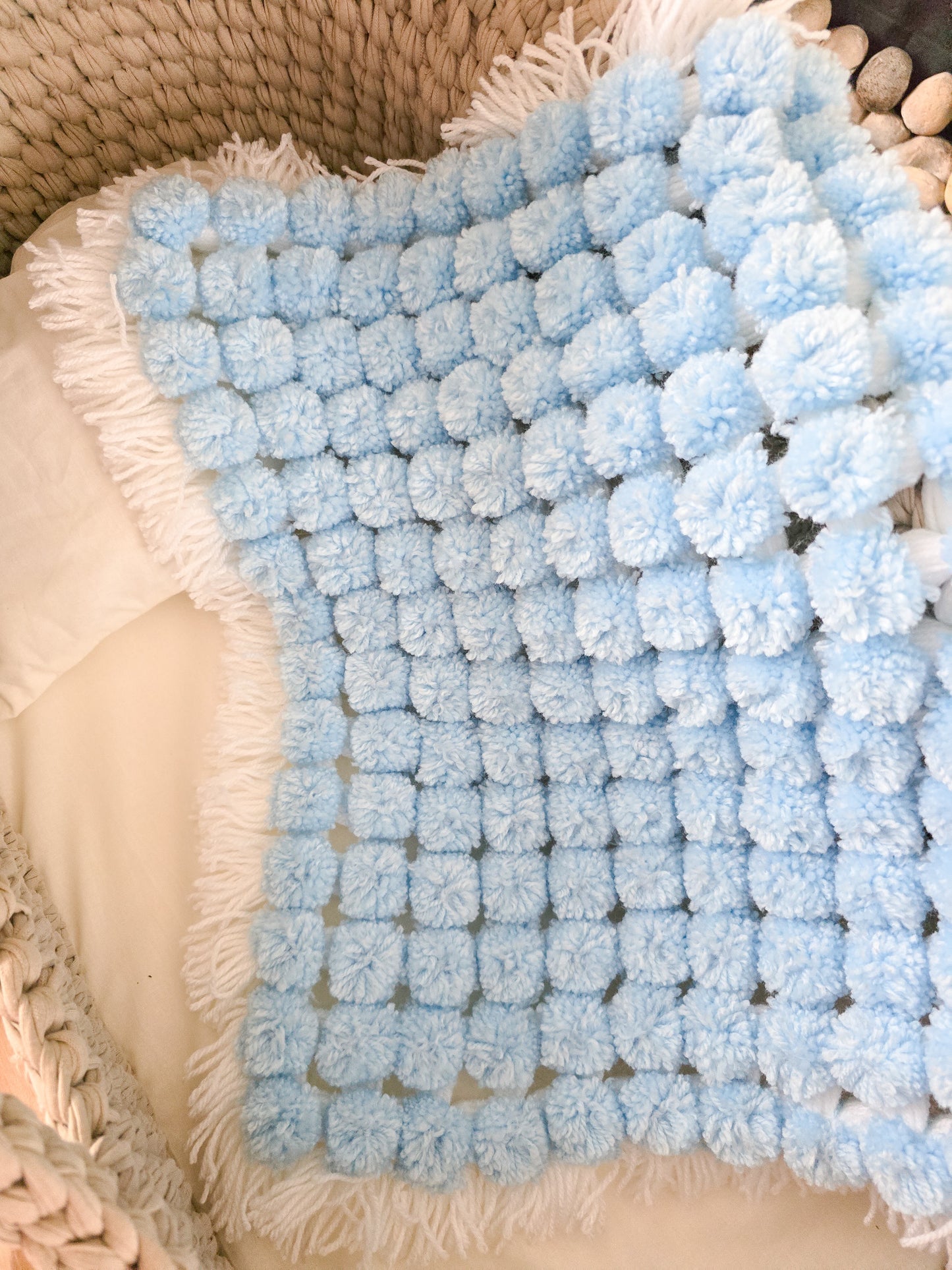 Baby Blue/White XL Pom Pom Blanket