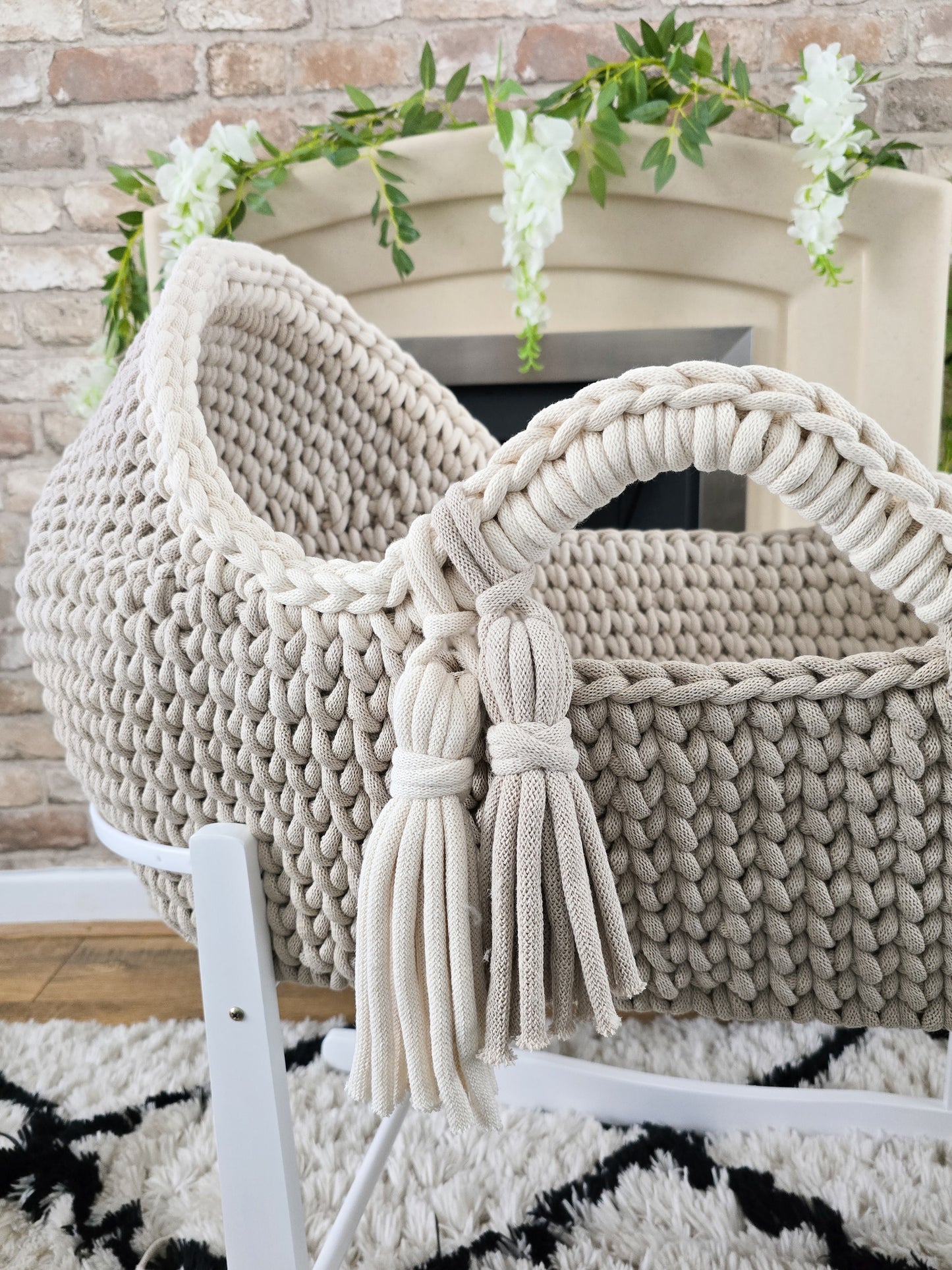 Hooded Crochet Moses Basket - Solid trim or two toned trim- Matching Changing Mat Available