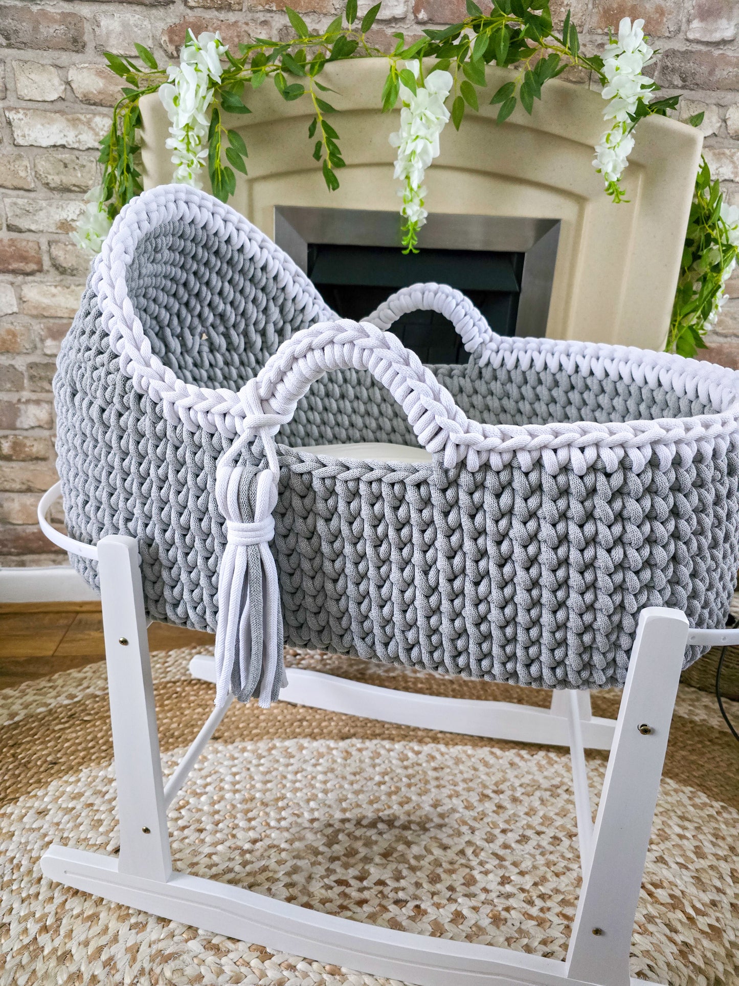 Hooded Crochet Moses Basket - Solid trim or two toned trim- Matching Changing Mat Available