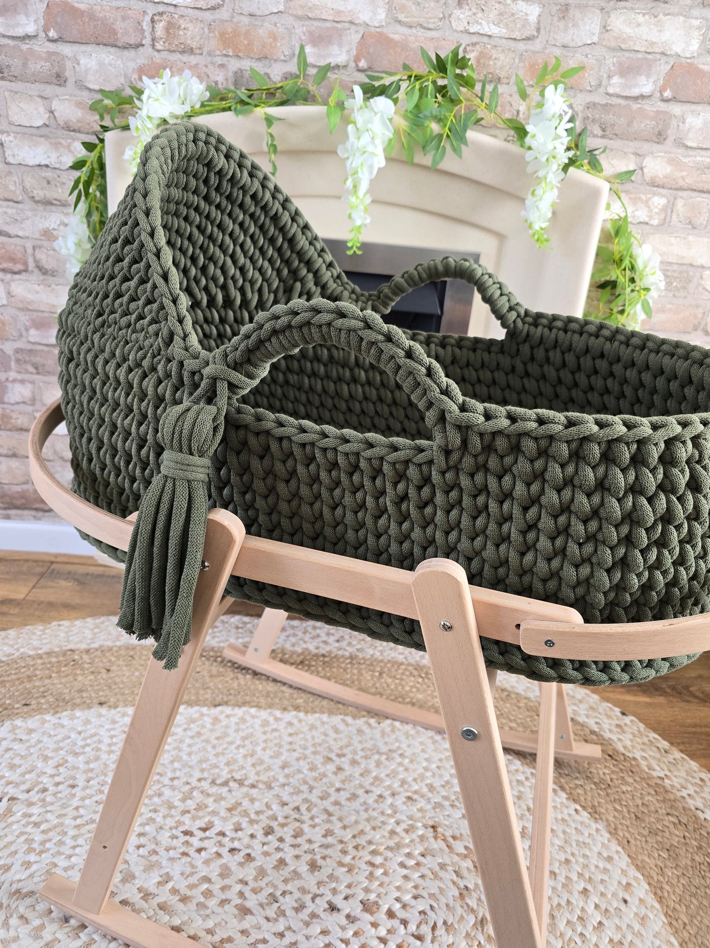 Hooded Crochet Moses Basket - Solid trim or two toned trim- Matching Changing Mat Available