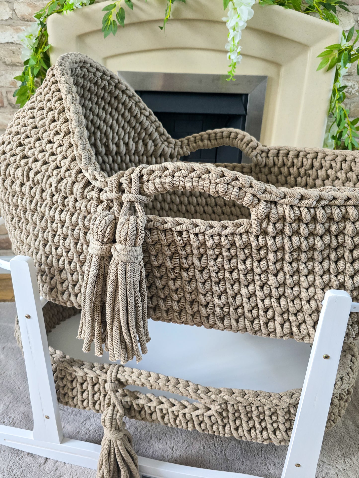 Hooded Crochet Moses Basket - Solid trim or two toned trim- Matching Changing Mat Available