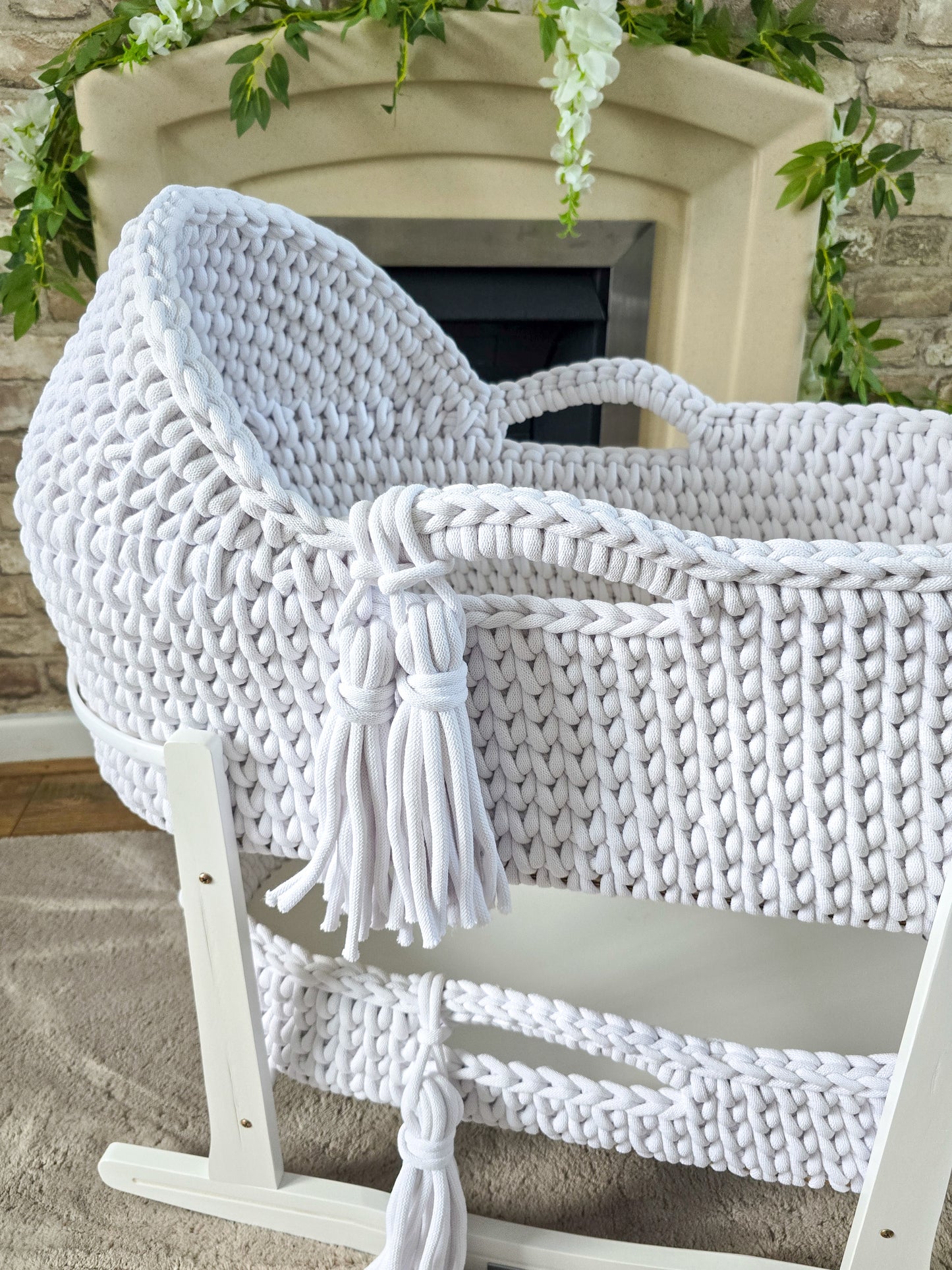 Hooded Crochet Moses Basket - Solid trim or two toned trim- Matching Changing Mat Available