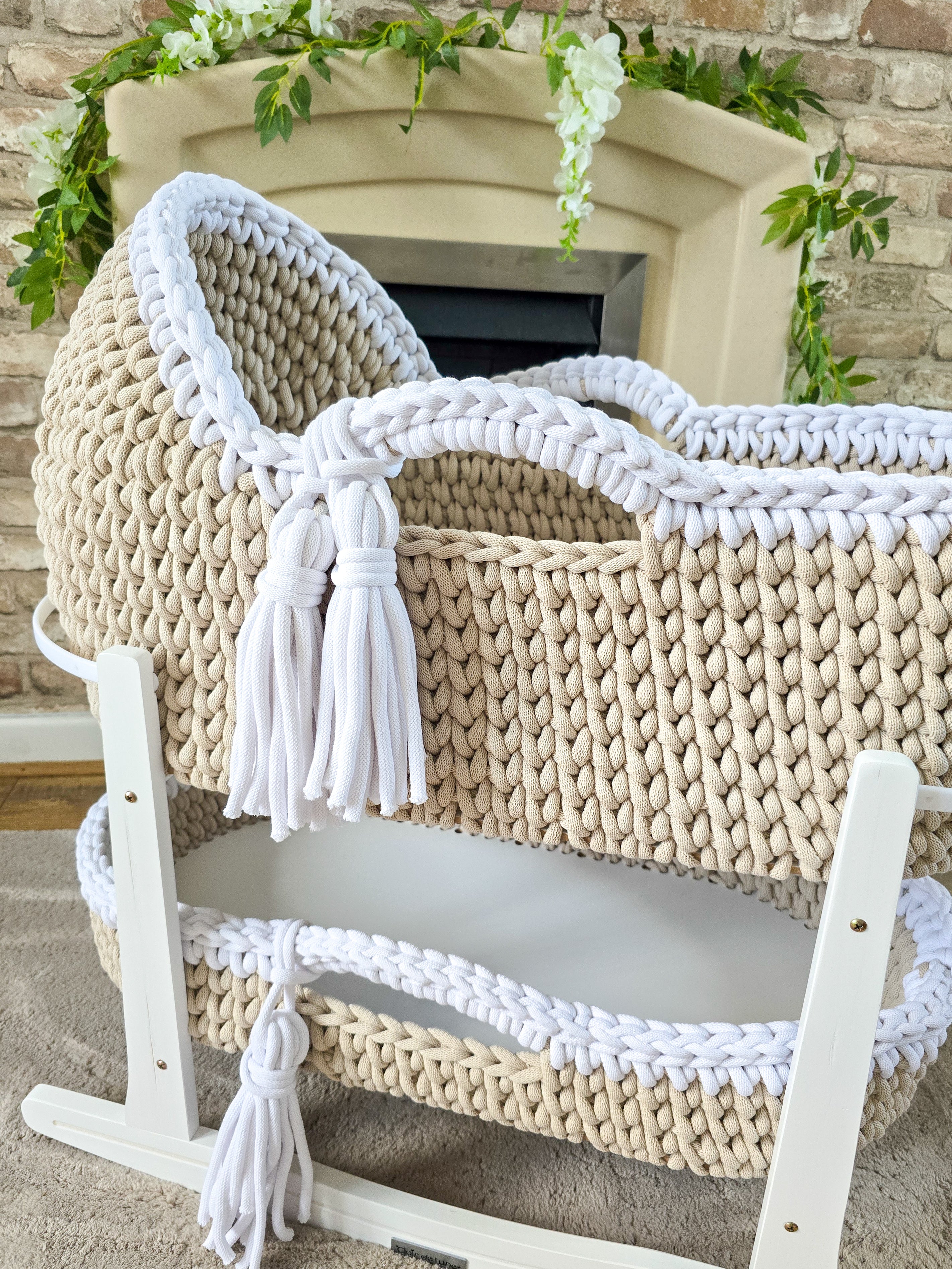 Hooded Crochet Moses Basket Solid trim or two toned trim Matching Changing Mat Available