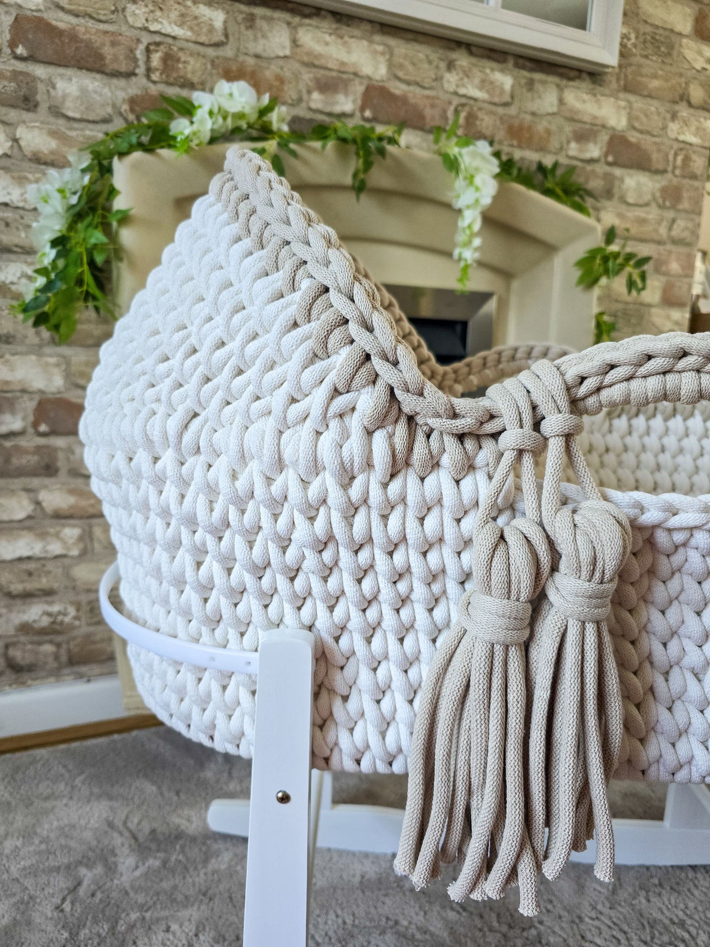 Hooded Crochet Moses Basket - Solid trim or two toned trim- Matching Changing Mat Available