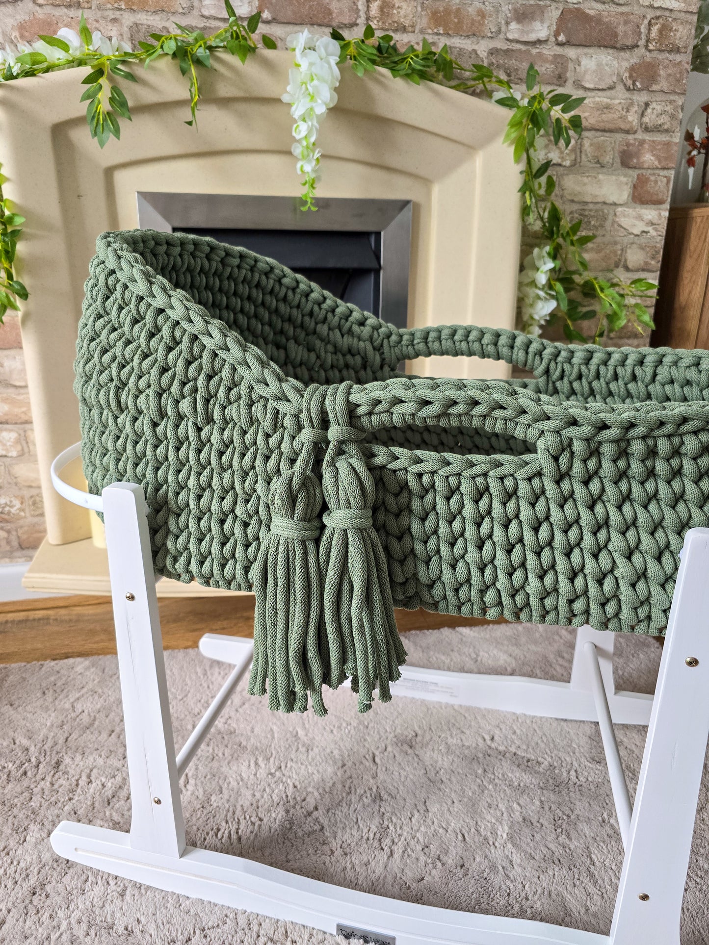 Hooded Crochet Moses Basket - Solid trim or two toned trim- Matching Changing Mat Available