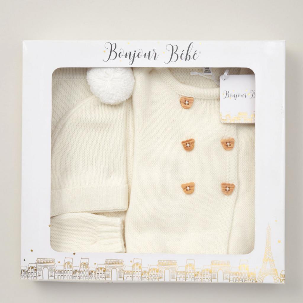 White Boxed Teddy Knit set (Nb-6 months) by Bonjour Bebe