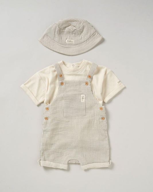 Crinkle muslin gauze dungaree and bucket hat.