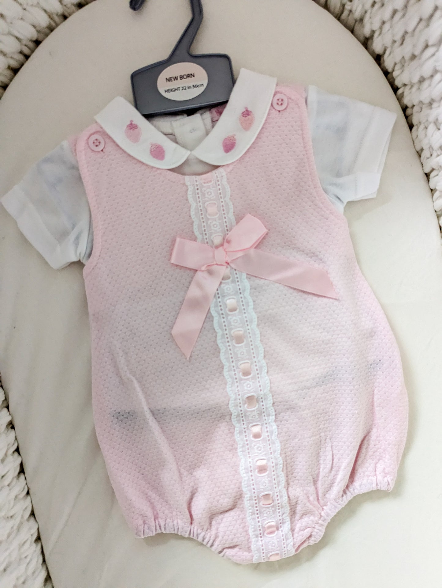 Pointelle "Lace and Bow" Short Dungaree Set (NB-6m)