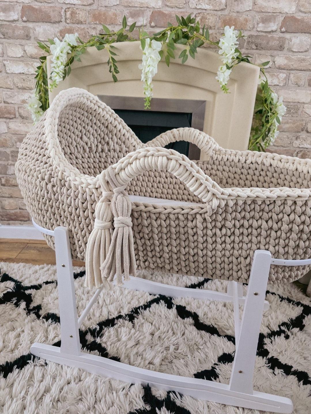 Hooded Crochet Moses Basket - Solid trim or two toned trim- Matching Changing Mat Available