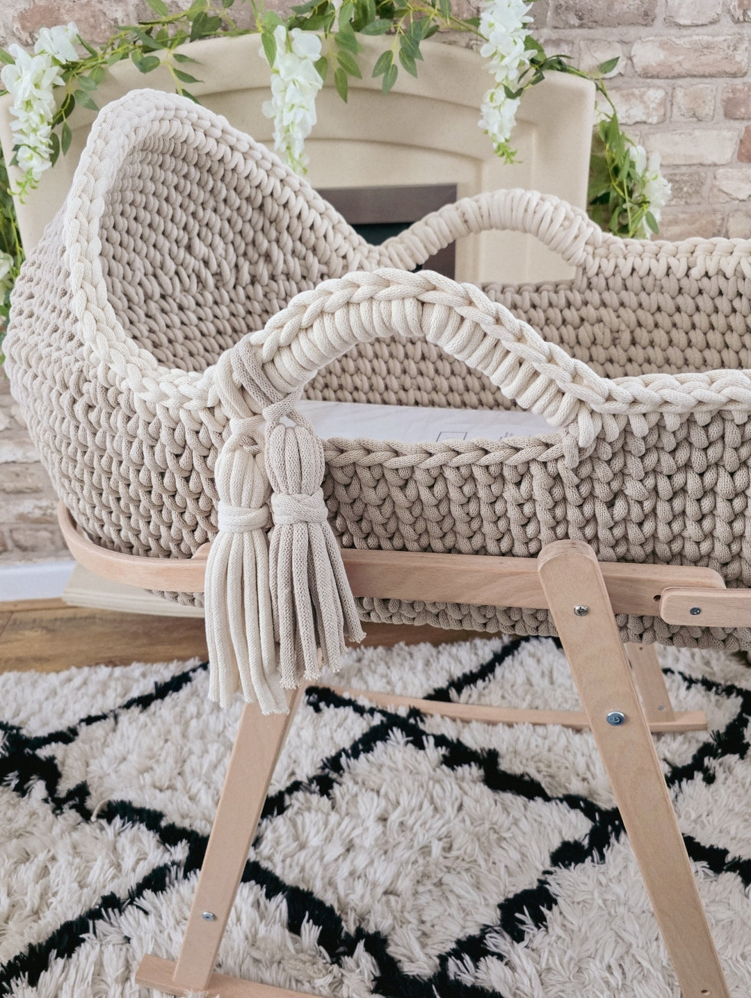 Hooded Crochet Moses Basket - Solid trim or two toned trim- Matching Changing Mat Available