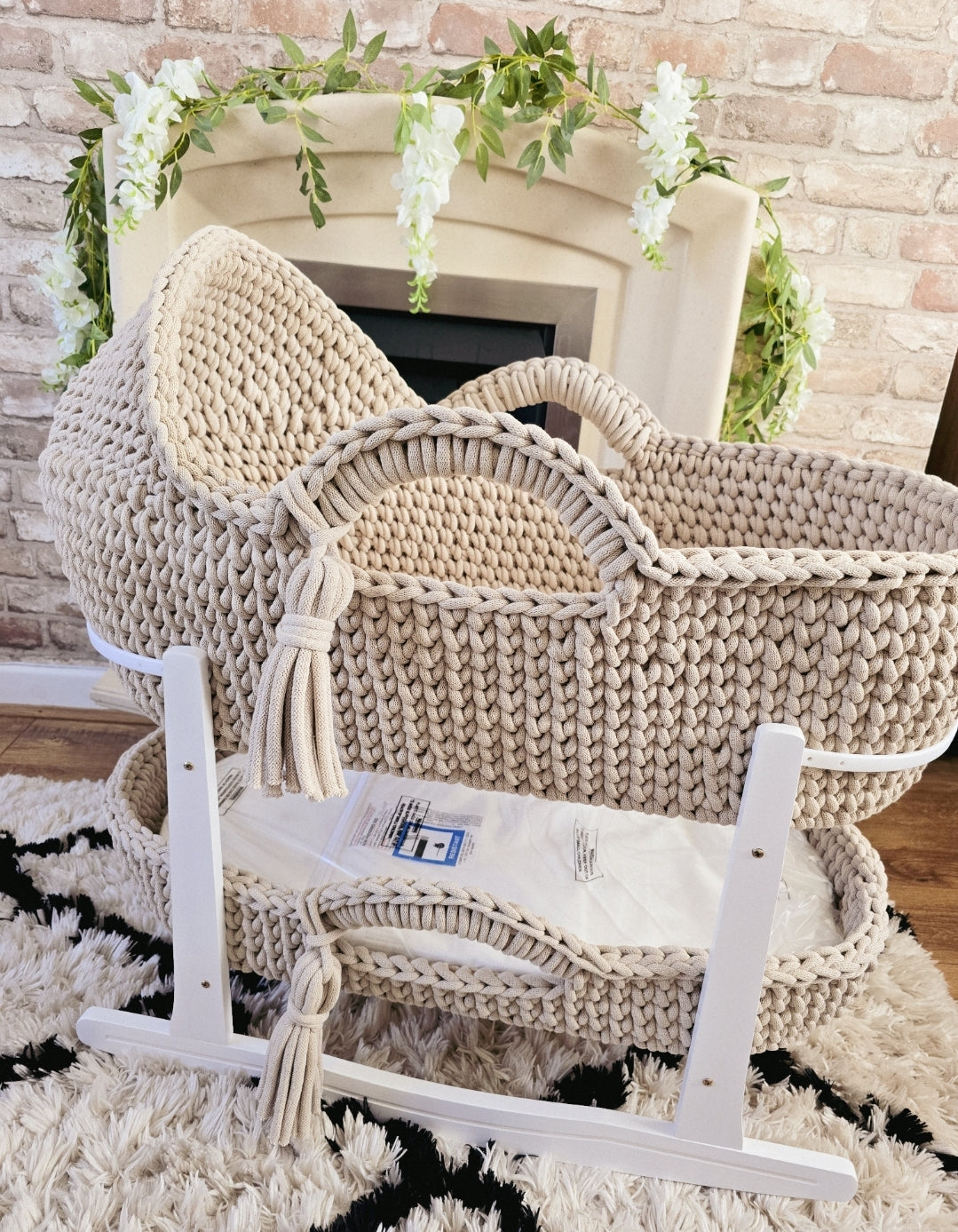 Hooded Crochet Moses Basket - Solid trim or two toned trim- Matching Changing Mat Available