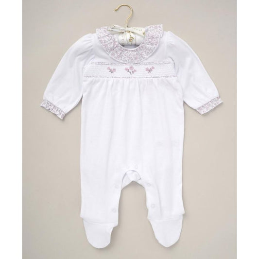 ROCK A BYE Smocked Floral Trim Cotton Sleepsuit