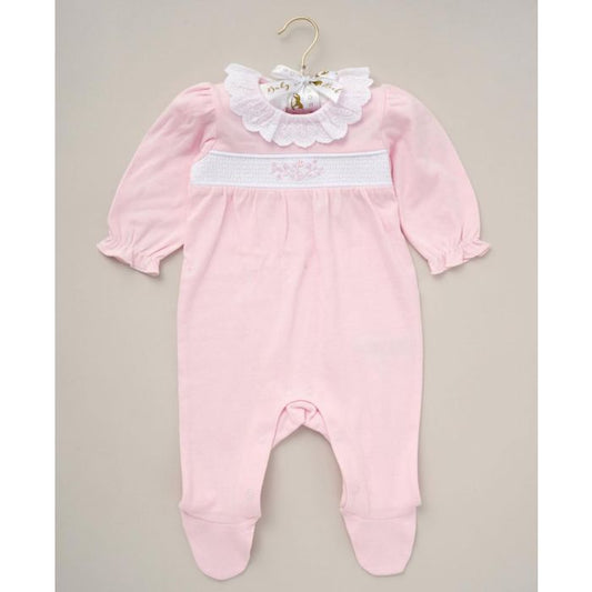 ROCK A BYE Smocked Broderie Frill Cotton Sleepsuit